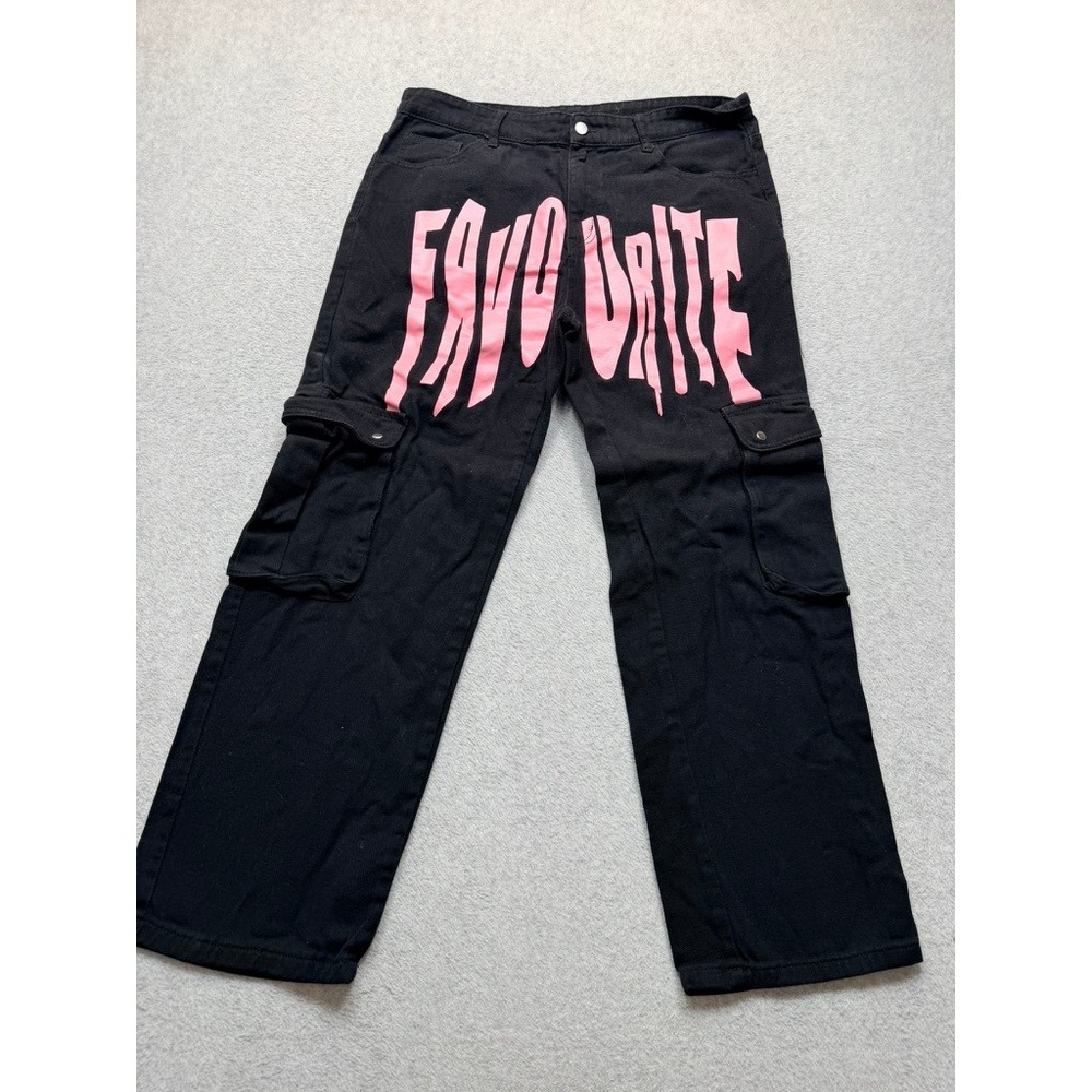 Mens Black Cargo Pants Pink Favourite Graphic Straight Leg Streetwear Trousers
